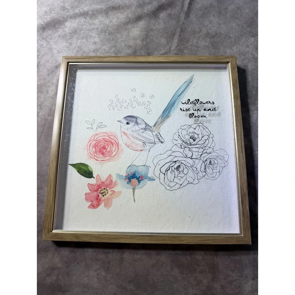 Wildflowers Rise Up and Bloom Bird Watercolor Framed Wall Art 12x12 Wood Frame